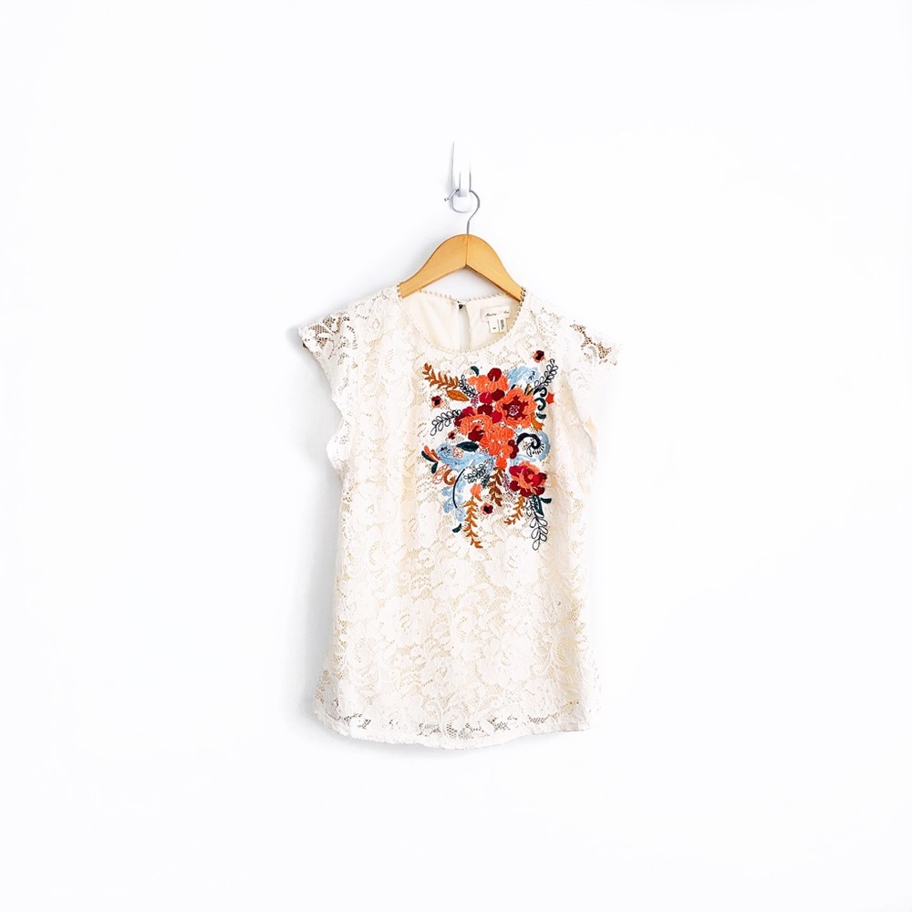 Anthropologie Cream Lace Top with Red & Blue Floral Embroidery